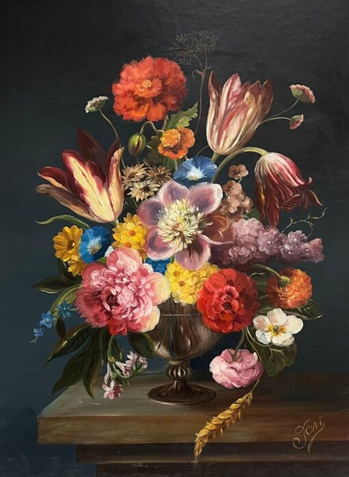 Fine Dutch Classical Still Life Oil Painting Ornate Flowers in Bowl Signed - Image 2
