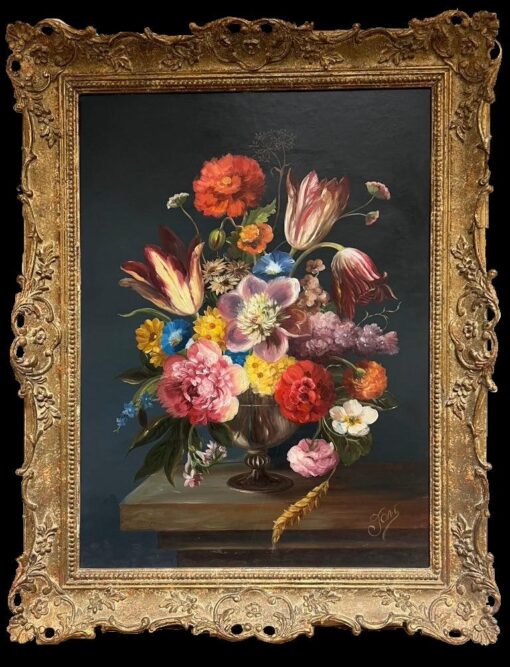 Fine Dutch Classical Still Life Oil Painting Ornate Flowers in Bowl Signed