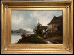 Fine Victorian British Oil Painting Young Family Walking to Church Twilight