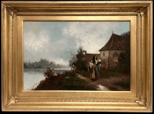 Fine Victorian British Oil Painting Young Family Walking to Church Twilight