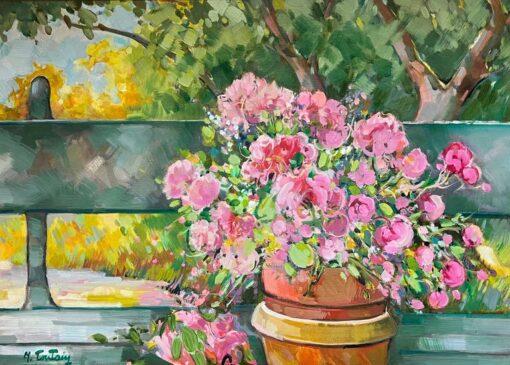 Vibrant Still Life with Potted Pink Flowers on a Garden Bench French Painting - Image 2