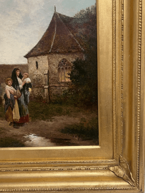 Fine Victorian British Oil Painting Young Family Walking to Church Twilight - Image 2