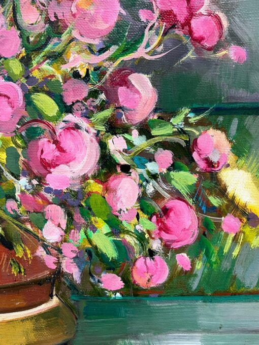Vibrant Still Life with Potted Pink Flowers on a Garden Bench French Painting - Image 7