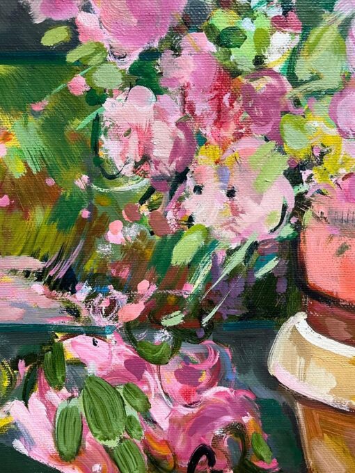 Vibrant Still Life with Potted Pink Flowers on a Garden Bench French Painting - Image 8