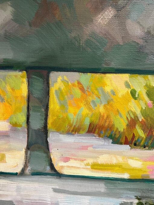 Vibrant Still Life with Potted Pink Flowers on a Garden Bench French Painting - Image 10