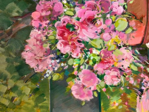 Vibrant Still Life with Potted Pink Flowers on a Garden Bench French Painting - Image 9