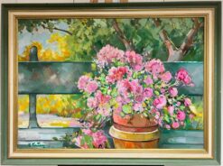 Vibrant Still Life with Potted Pink Flowers on a Garden Bench French Painting