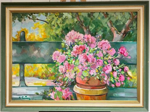 Vibrant Still Life with Potted Pink Flowers on a Garden Bench French Painting
