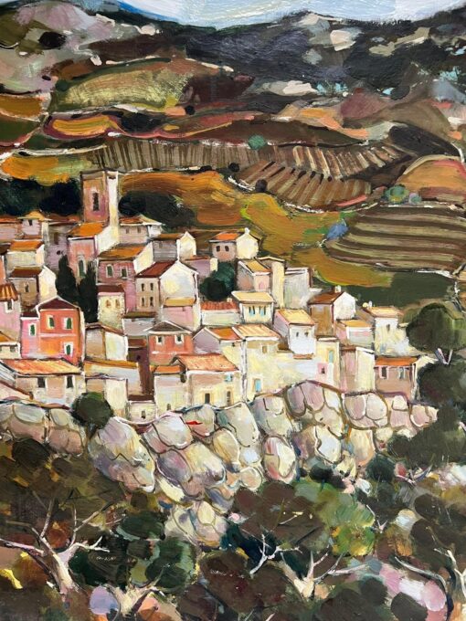 A Hilltop Village Amid Rolling Hills and Rocky Terraces Cloudy Sky Landscape - Image 4
