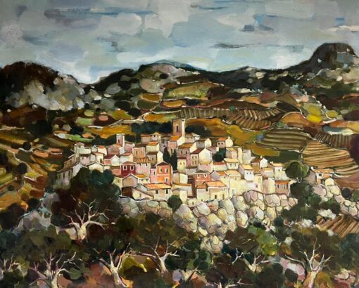 A Hilltop Village Amid Rolling Hills and Rocky Terraces Cloudy Sky Landscape