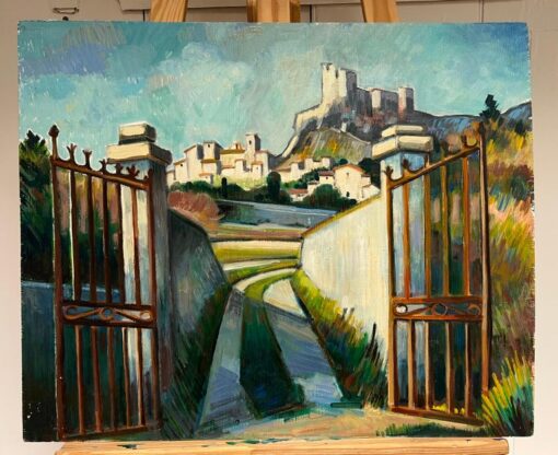A Path Leading to a Hilltop Fortress French Oil Painting - Image 2