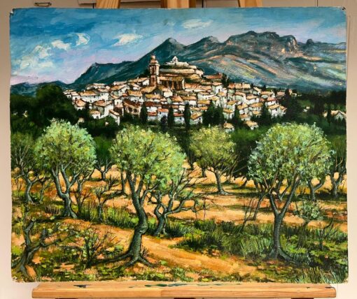 A Picturesque Village Nestled Among Olive Groves and Mountains French Painting - Image 2