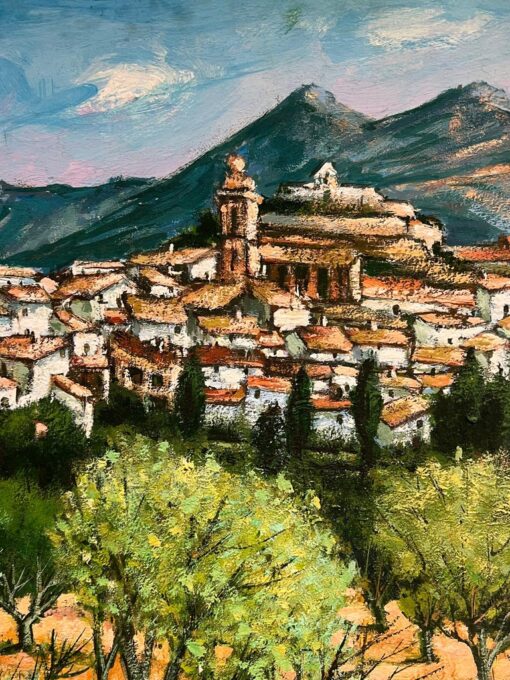 A Picturesque Village Nestled Among Olive Groves and Mountains French Painting - Image 4