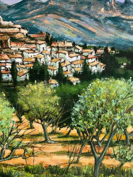 A Picturesque Village Nestled Among Olive Groves and Mountains French Painting - Image 8