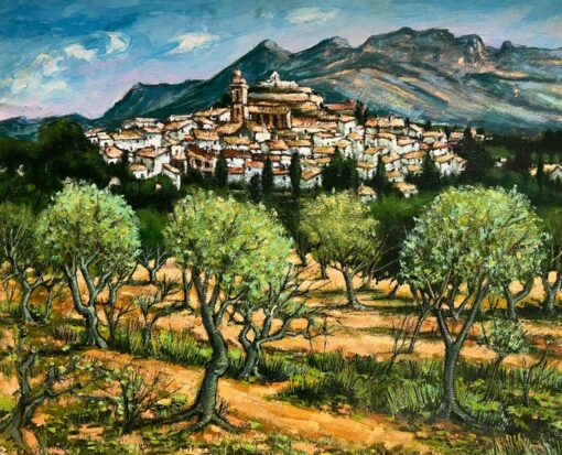 A Picturesque Village Nestled Among Olive Groves and Mountains French Painting