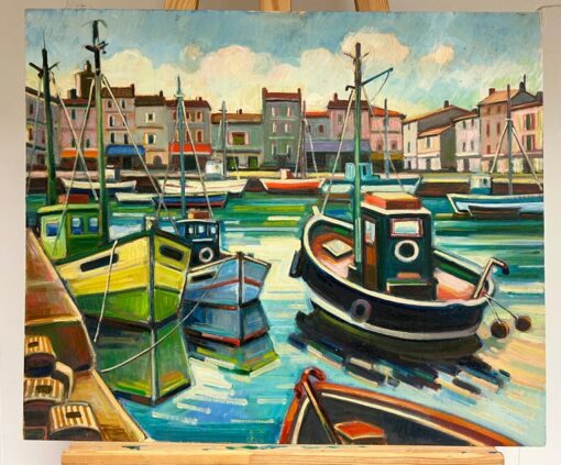 French Vibrant Scene of Fishing Boats and Coastal Harbour Oil Painting - Image 2