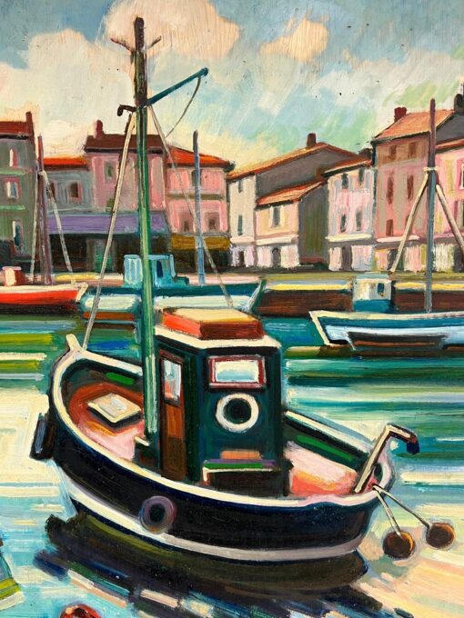 French Vibrant Scene of Fishing Boats and Coastal Harbour Oil Painting - Image 3