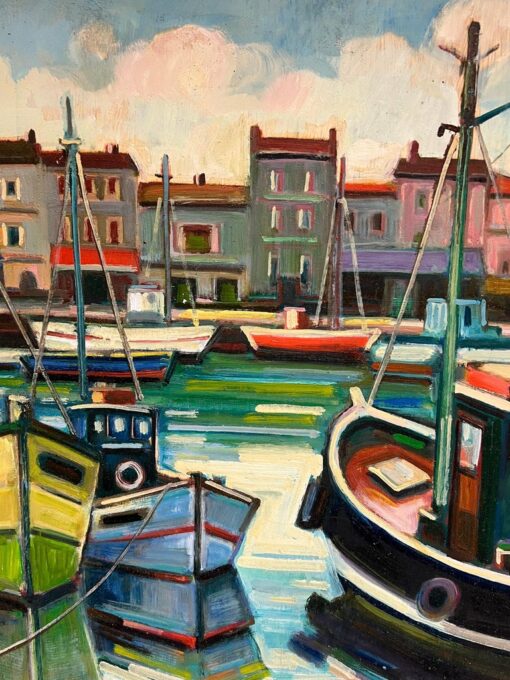 French Vibrant Scene of Fishing Boats and Coastal Harbour Oil Painting - Image 4