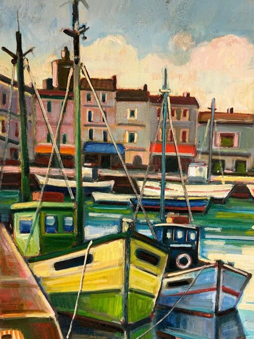 French Vibrant Scene of Fishing Boats and Coastal Harbour Oil Painting - Image 5