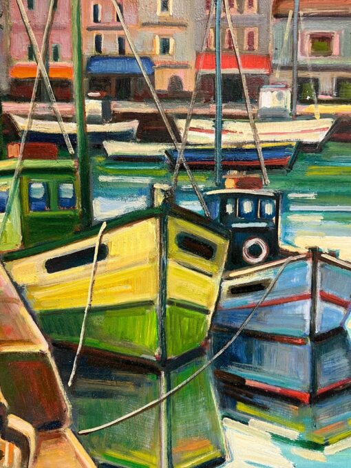 French Vibrant Scene of Fishing Boats and Coastal Harbour Oil Painting - Image 6