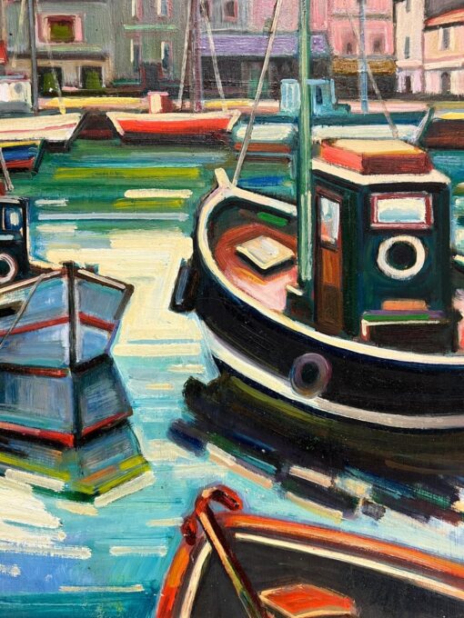 French Vibrant Scene of Fishing Boats and Coastal Harbour Oil Painting - Image 8