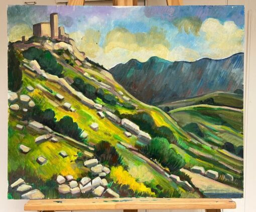Vibrant Rolling Hills and Hilltop Castle French 20th Century Oil Painting - Image 2