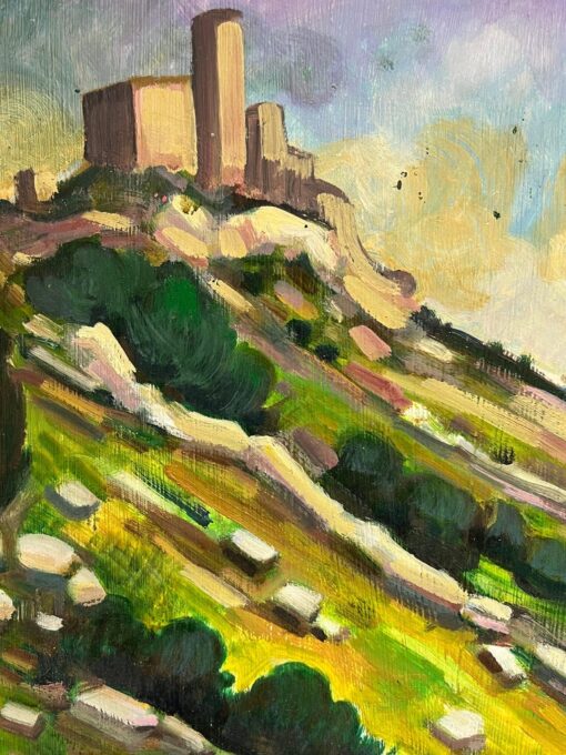 Vibrant Rolling Hills and Hilltop Castle French 20th Century Oil Painting - Image 3