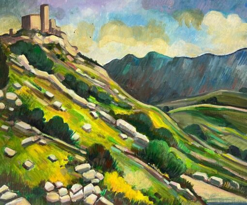 Vibrant Rolling Hills and Hilltop Castle French 20th Century Oil Painting