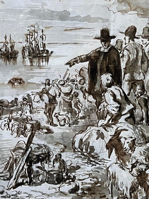 The Pilgrim Fathers Plymouth Rock Pen & Ink Sketch Figures & Animals Coastline - Image 2