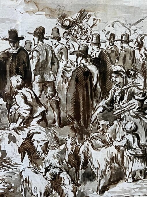 The Pilgrim Fathers Plymouth Rock Pen & Ink Sketch Figures & Animals Coastline - Image 3