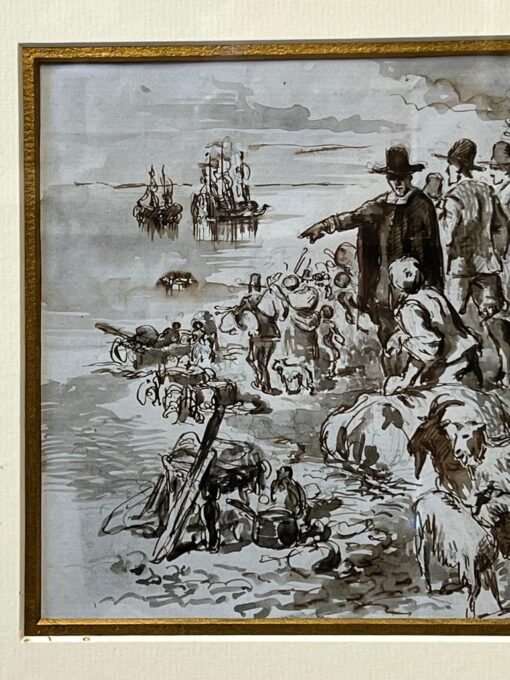 The Pilgrim Fathers Plymouth Rock Pen & Ink Sketch Figures & Animals Coastline - Image 4