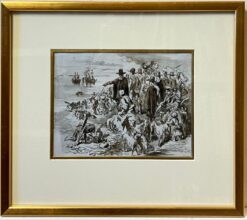 The Pilgrim Fathers Plymouth Rock Pen & Ink Sketch Figures & Animals Coastline
