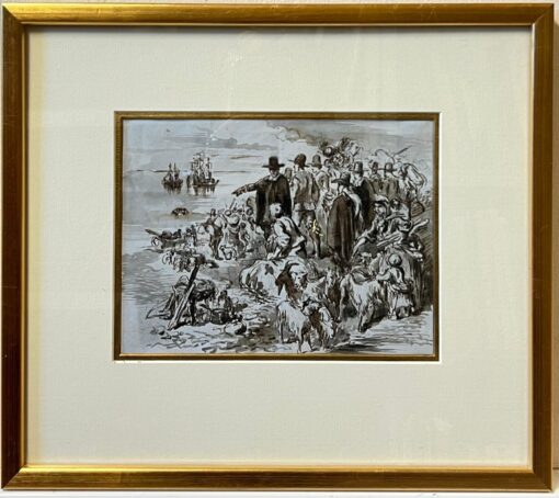 The Pilgrim Fathers Plymouth Rock Pen & Ink Sketch Figures & Animals Coastline