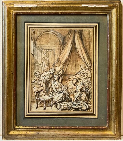 18th Century French Rococo Old Master Ink Drawing Nativity Scene