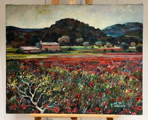 1950's Large French Oil Painting Poppy Fields in Provence Landscape - Image 2