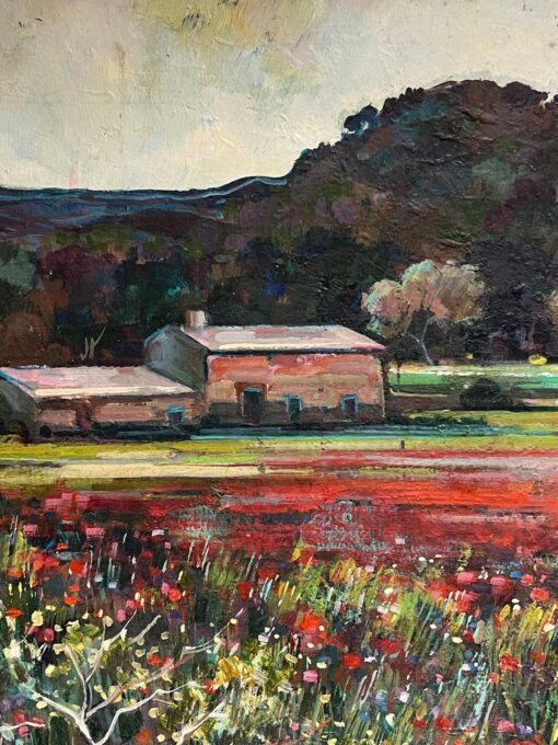 1950's Large French Oil Painting Poppy Fields in Provence Landscape - Image 3