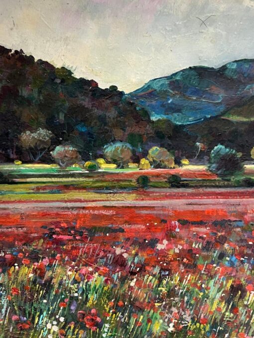 1950's Large French Oil Painting Poppy Fields in Provence Landscape - Image 4