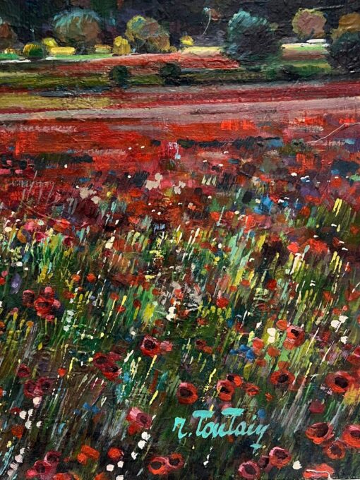 1950's Large French Oil Painting Poppy Fields in Provence Landscape - Image 5