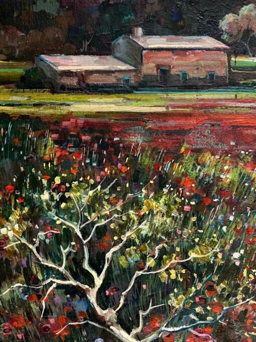1950's Large French Oil Painting Poppy Fields in Provence Landscape - Image 6