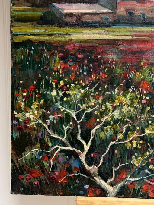 1950's Large French Oil Painting Poppy Fields in Provence Landscape - Image 7