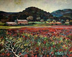 1950's Large French Oil Painting Poppy Fields in Provence Landscape