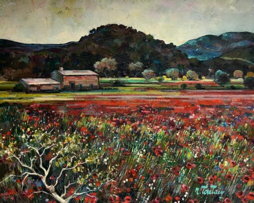 1950's Large French Oil Painting Poppy Fields in Provence Landscape