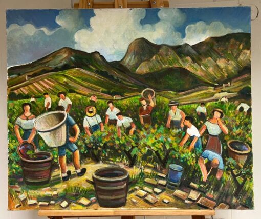 Vineyard Workers Grape Harvest South of France Large 20th Century French Oil - Image 2