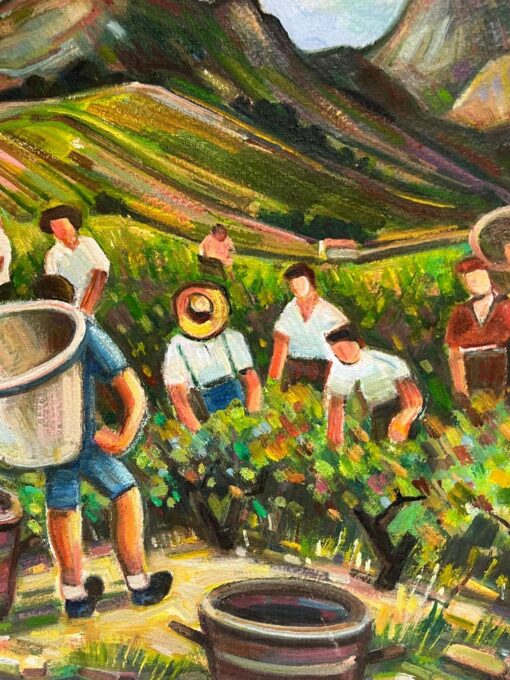 Vineyard Workers Grape Harvest South of France Large 20th Century French Oil - Image 5