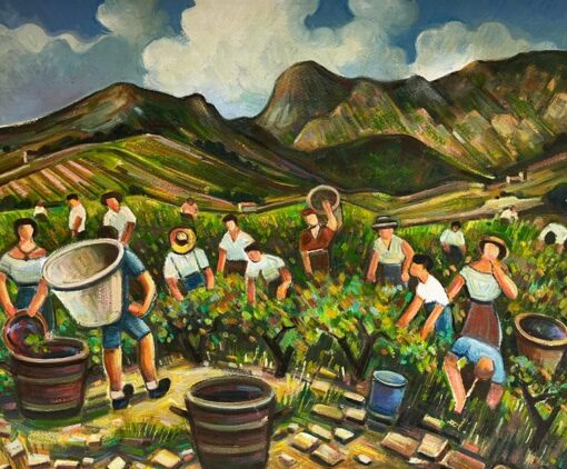 Vineyard Workers Grape Harvest South of France Large 20th Century French Oil
