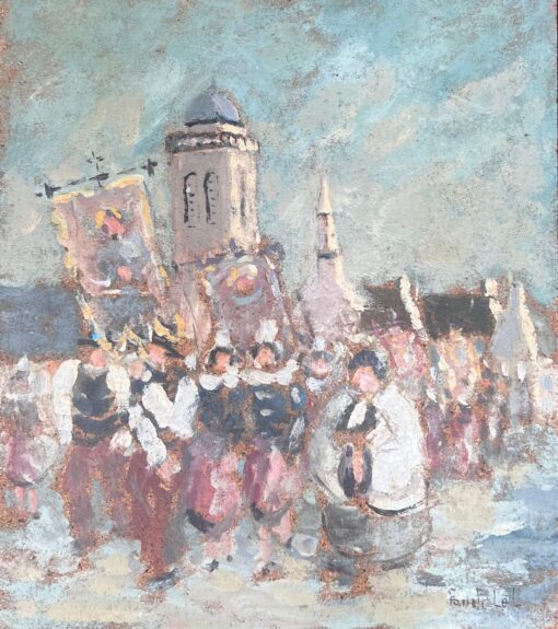 Figures Marching in Religious Parade Through A French Village Oil Painting