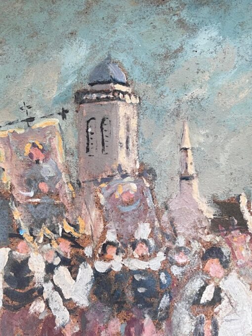 Figures Marching in Religious Parade Through A French Village Oil Painting - Image 2