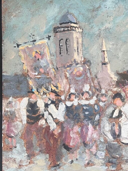 Figures Marching in Religious Parade Through A French Village Oil Painting - Image 4