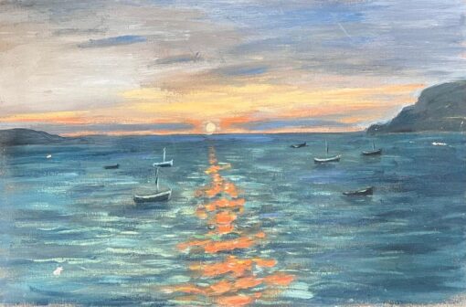 Golden Orange Sunset Over The Still Boat Sea French Landscape Oil Painting