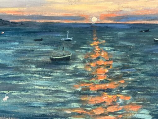 Golden Orange Sunset Over The Still Boat Sea French Landscape Oil Painting - Image 3